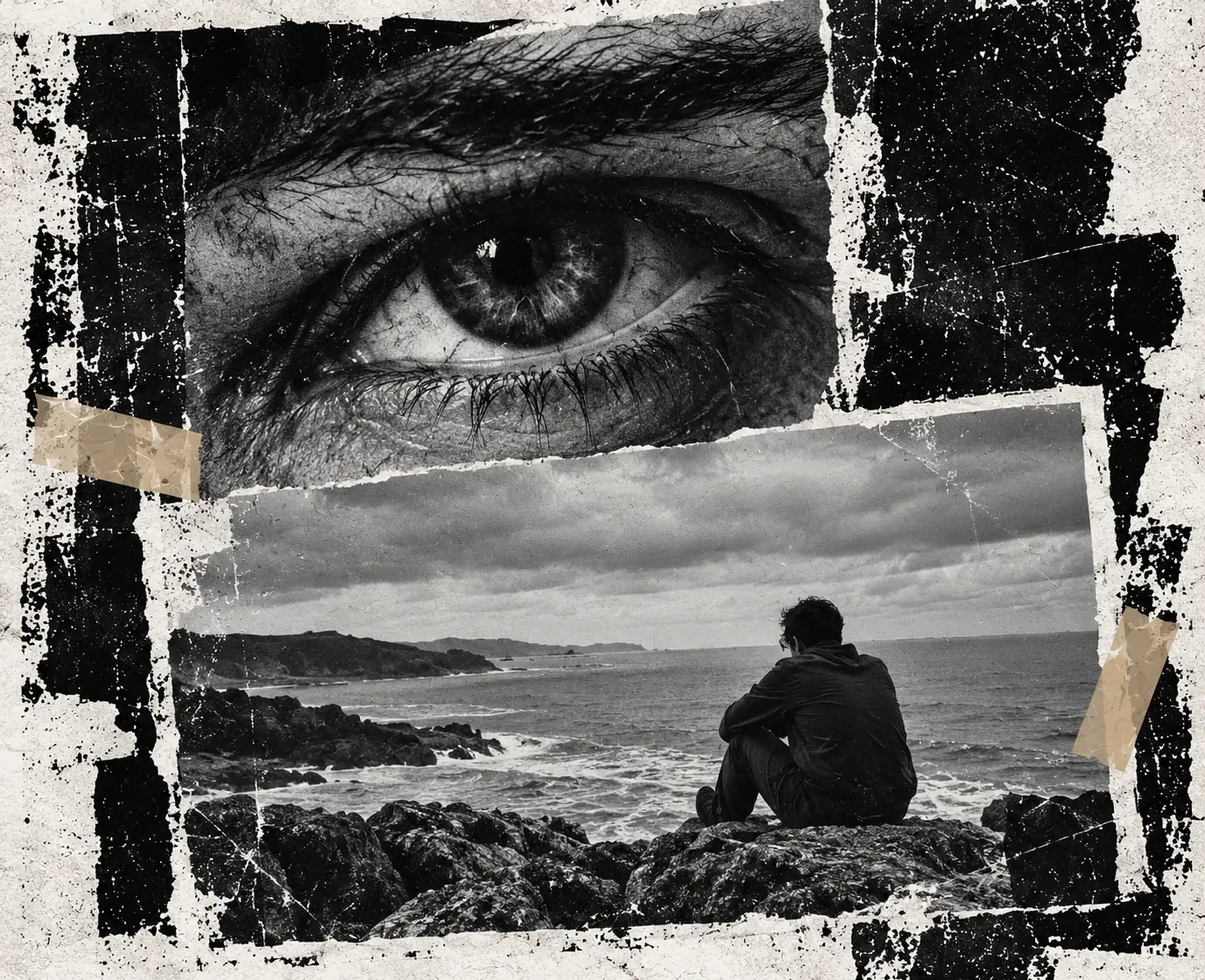 Colaxe en branco e negro: unha mirada e unha persoa fronte ao mar